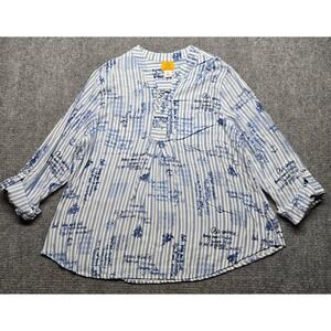 Ruby Rd Blouse Womens XL White Blue Stripe Script Floral Print Tunic Shirt Top